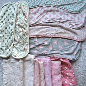 Baby Girl Burp Cloth & Blanket Lot - Floral & Pink Tones